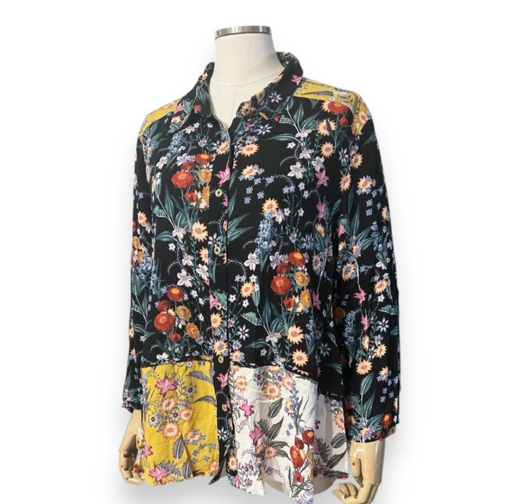CALESSA Multi-Floral Patchwork Button Front Shirt